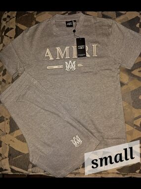 AMIRI Gray Embroidered Logo Tee & Shorts Set